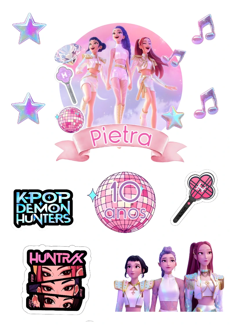 Topo de Bolo K-Pop Demon Hunters para Editar e Imprimir