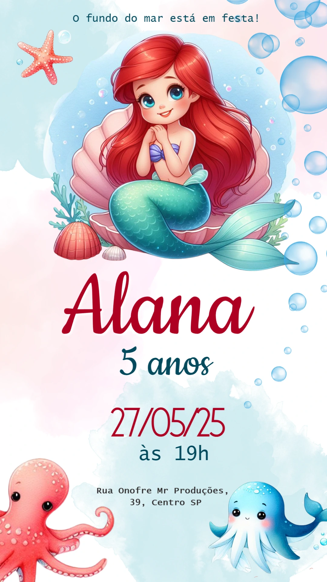 Convite Aniversário Pequena Sereia Ariel para Editar Online