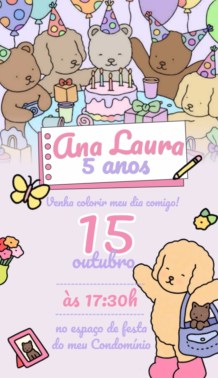 Convite de Aniversário Fofo com Ursinhos Editável Online