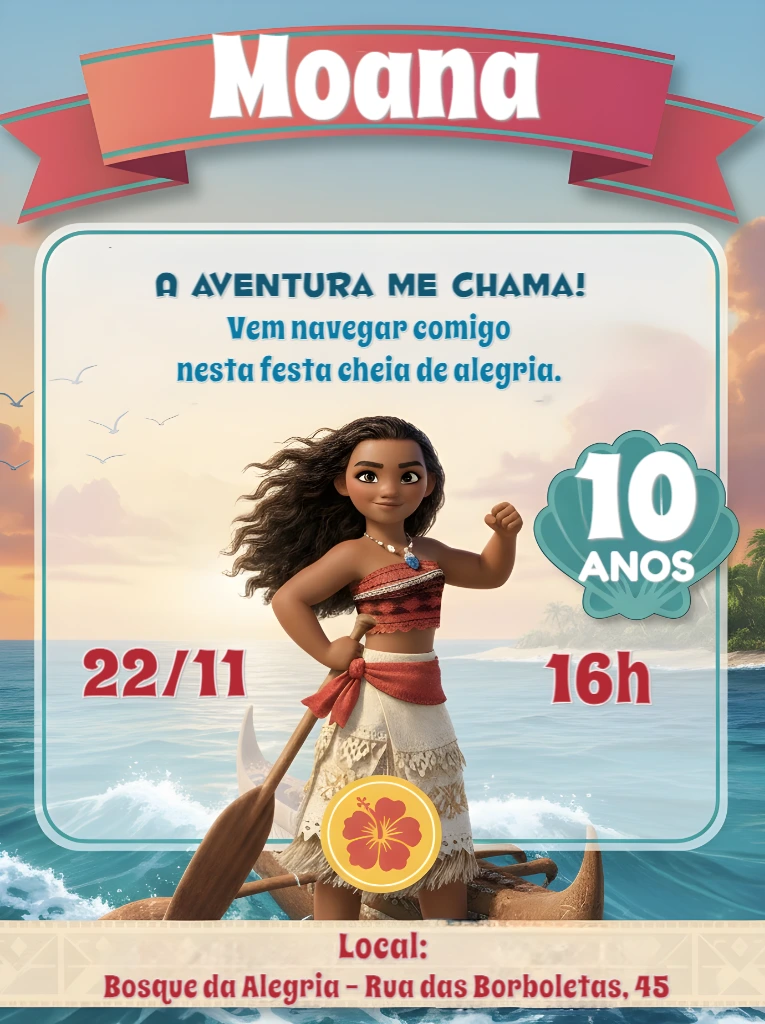 Convite Aniversário Moana para Editar e Imprimir Online