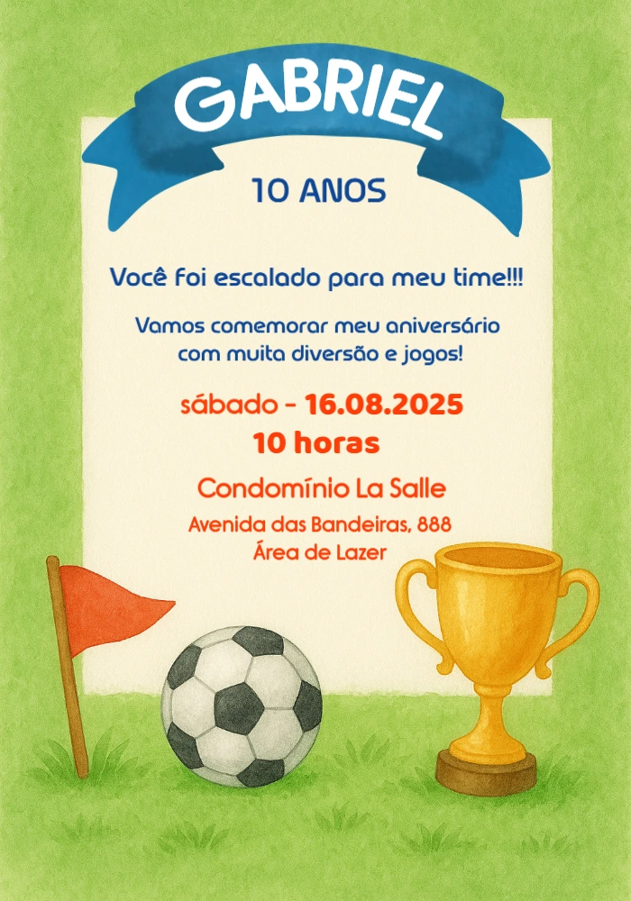 Convite de Aniversário Futebol com Troféu para Editar Online
