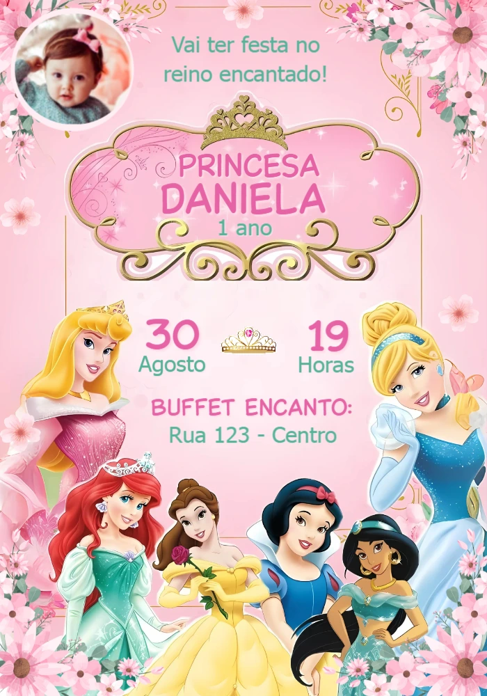 Convite de Aniversário Princesas Disney com Foto para Editar