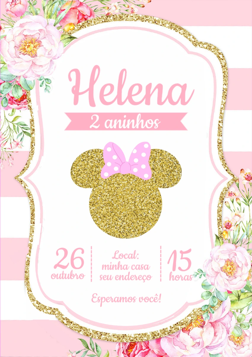Convite Aniversário Minnie Rosa e Dourado para Editar Online