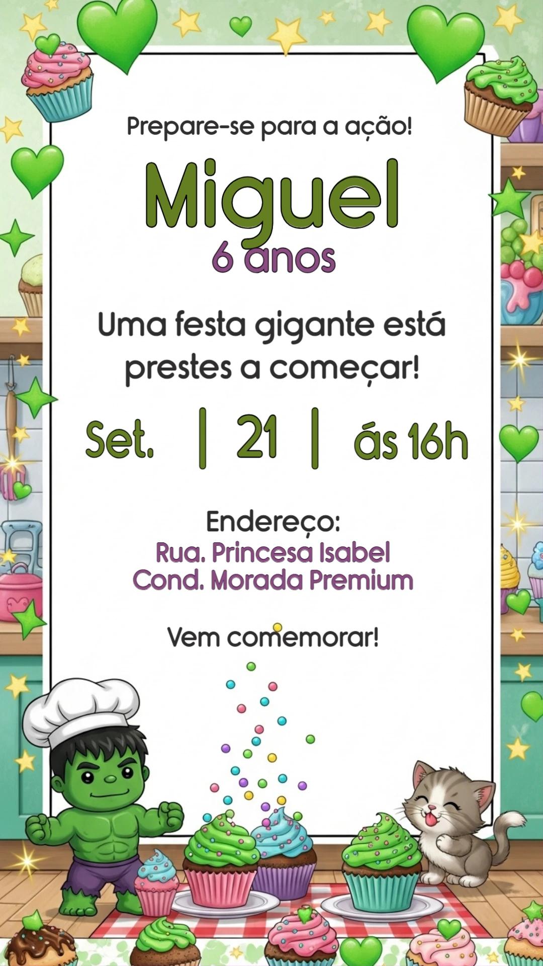 Convite Aniversário Hulk Confeiteiro para Editar Online