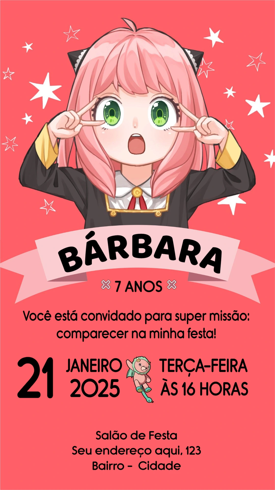 Convite de Aniversário Spy x Family com Anya para Editar Online