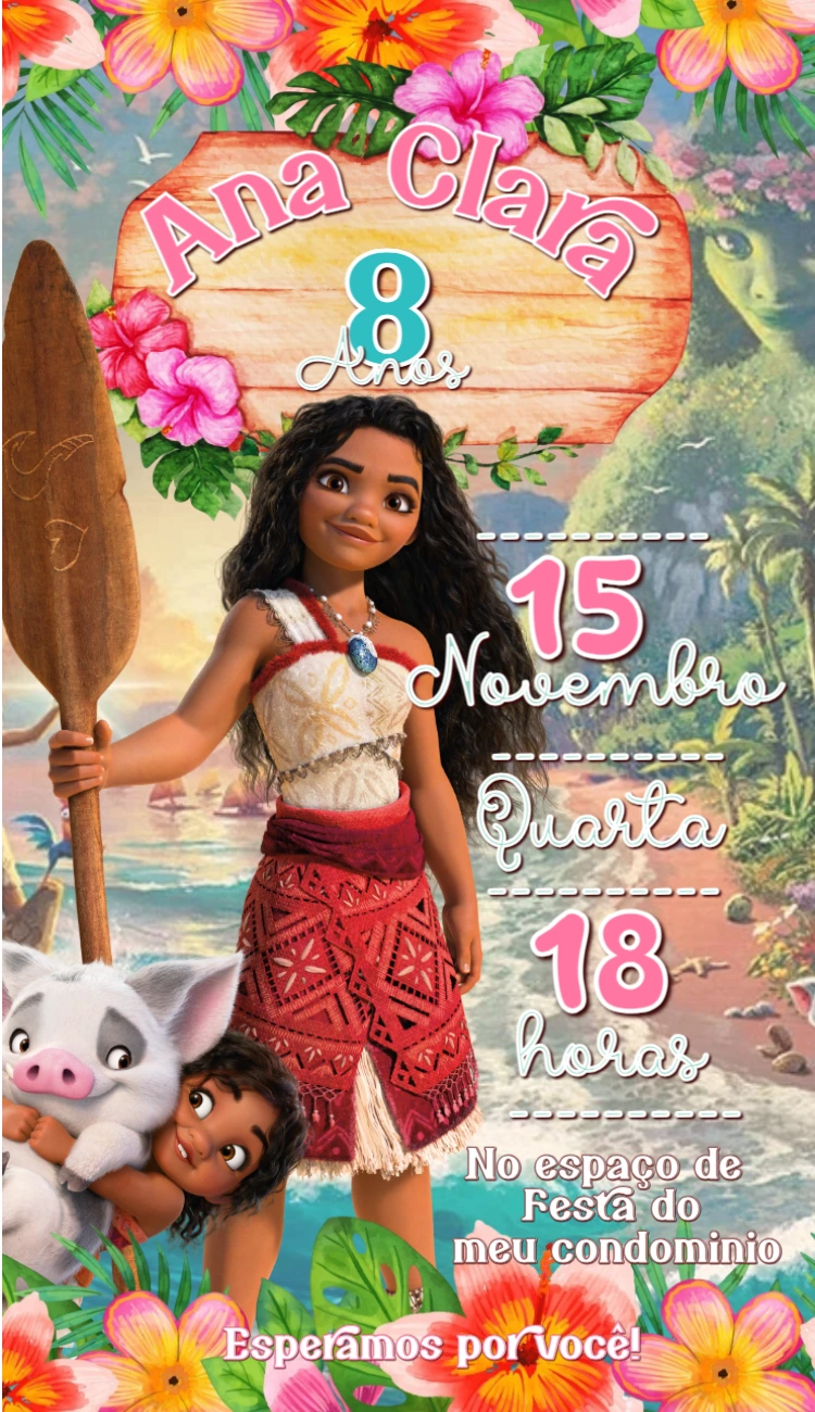 Convite de Aniversário Moana para Editar e Imprimir