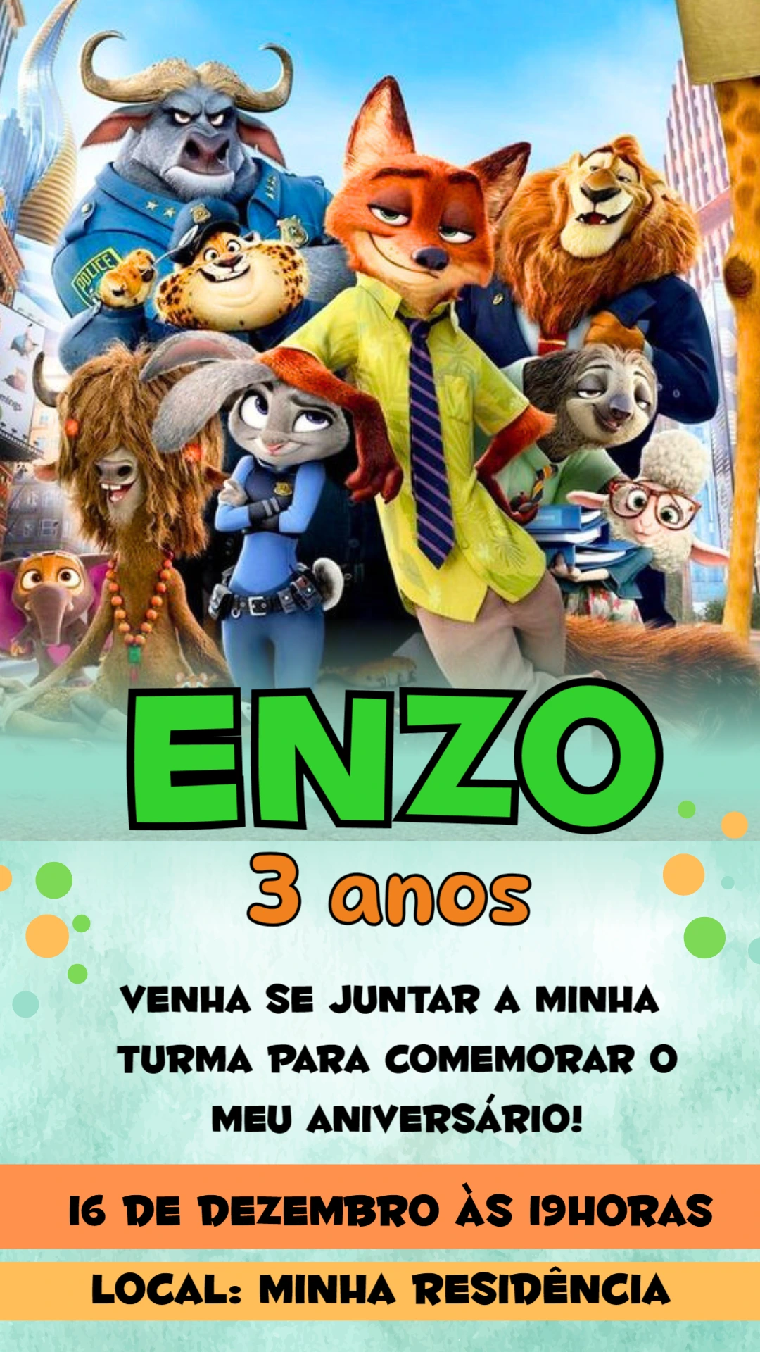 Convite de Aniversário Zootopia com Personagens para Editar