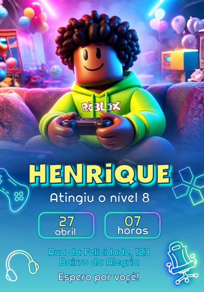 Convite de Aniversário Gamer Roblox Neon para Editar