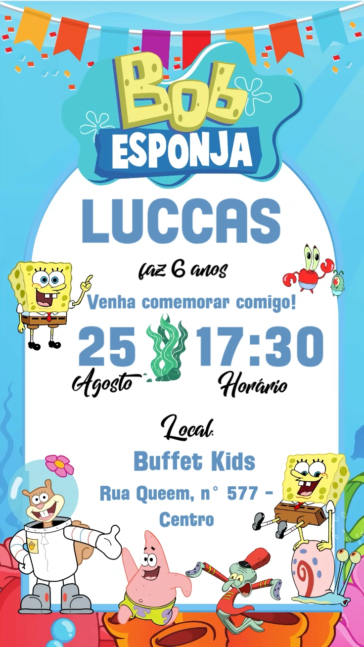 Convite de Aniversário Bob Esponja para Editar Online