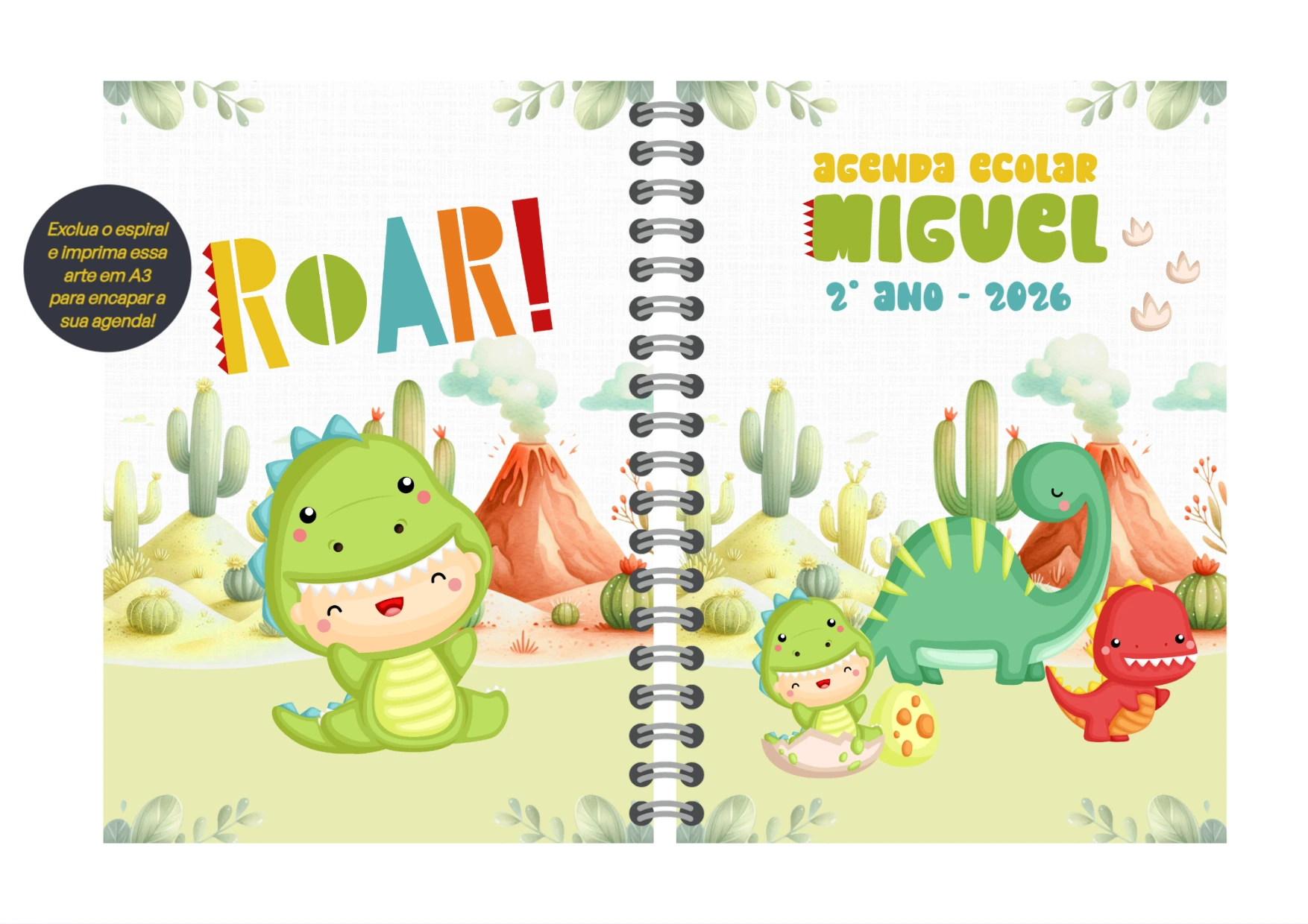 Capa de Agenda Escolar Dinossauros para Editar Online