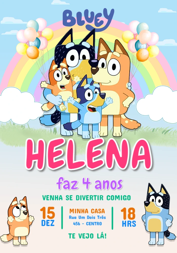 Convite de Aniversário Bluey e Bingo para Editar Online