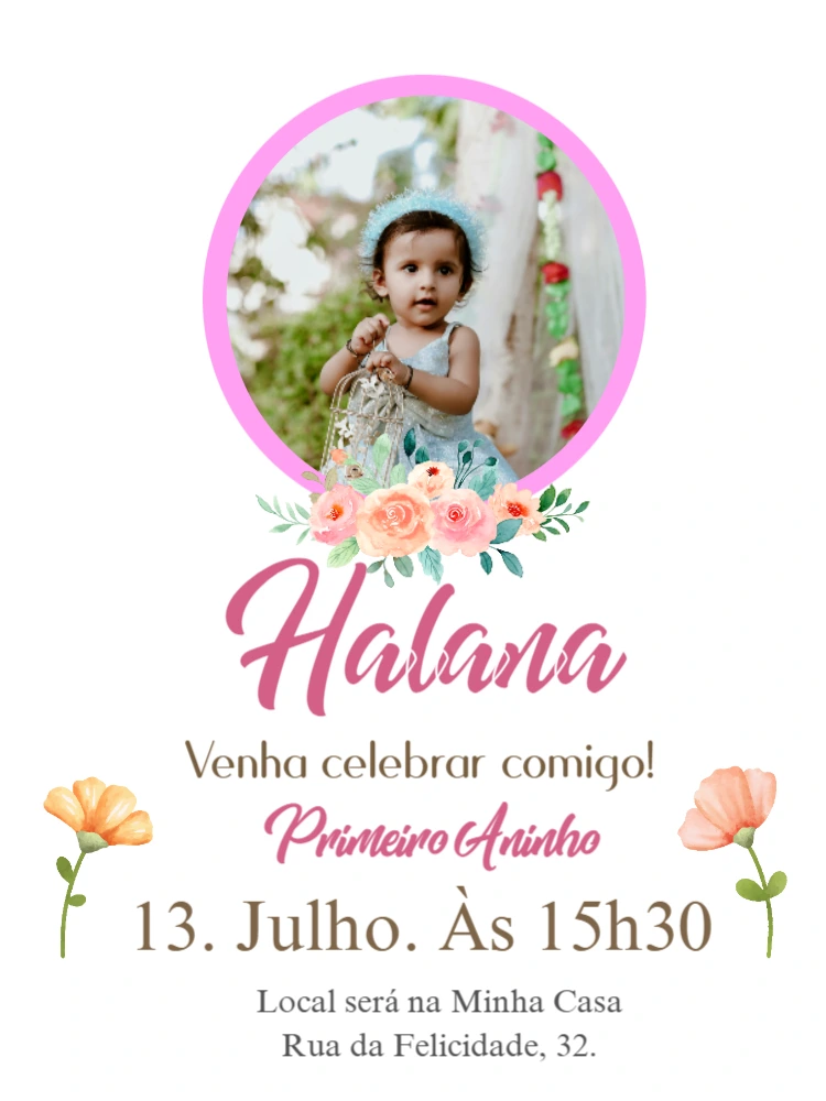 Convite Aniversário 1 Ano Floral com Foto Editável Online