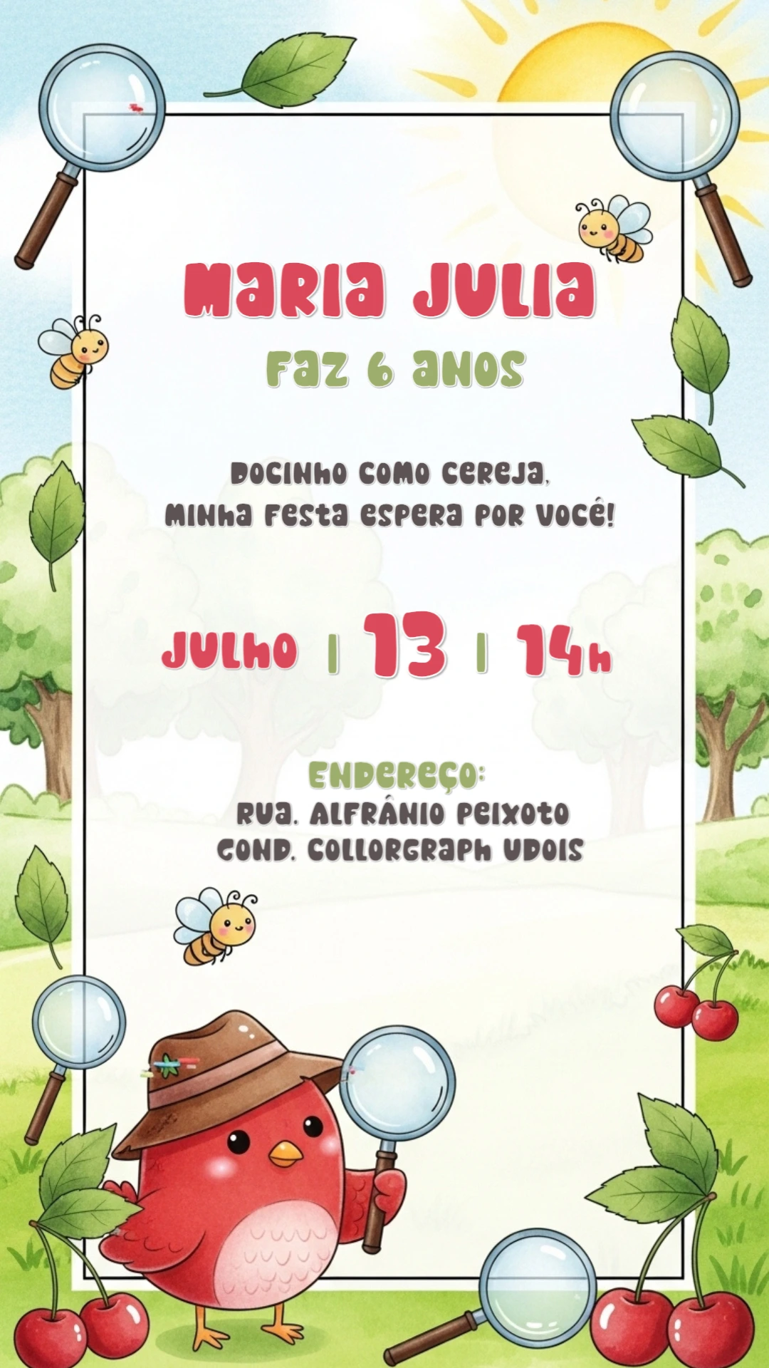 Convite Aniversário Pássaro Detetive com Cerejas para Editar