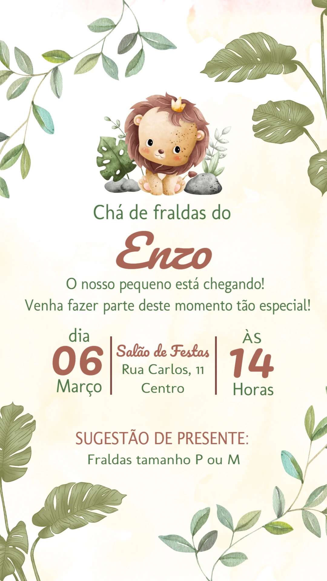 Convite Chá de Fraldas Leãozinho Aquarela para Editar