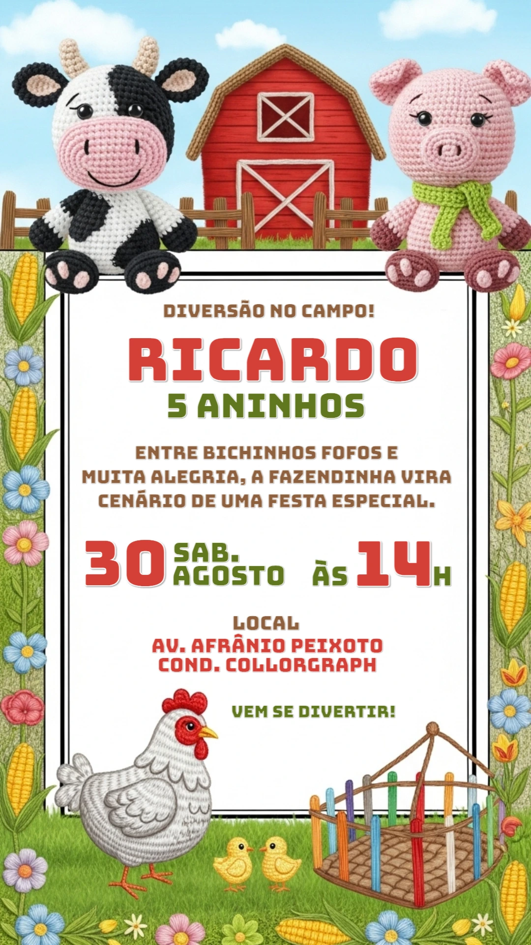 Convite Aniversário Fazendinha Amigurumi para Editar Online