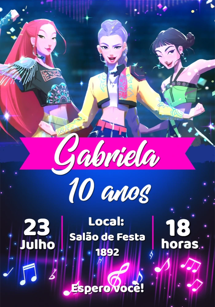 Convite Aniversário K-pop com Guerreiras para Editar Online