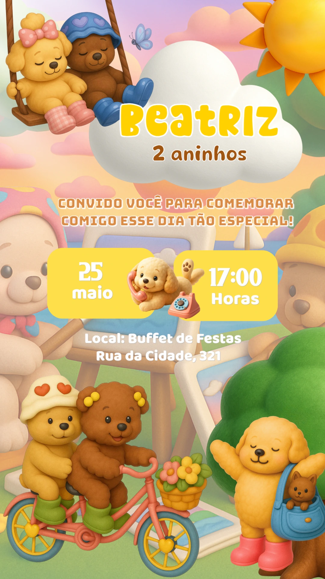 Convite de Aniversário Ursinhos Fofos para Editar Online