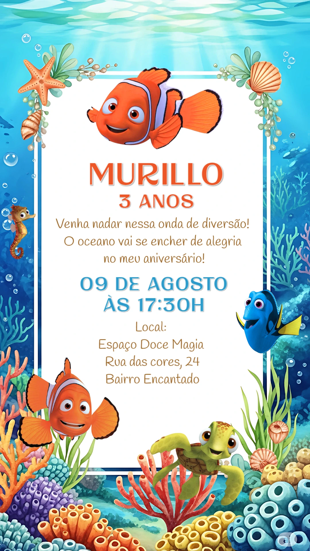 Convite de Aniversário Procurando o Nemo para Editar Online