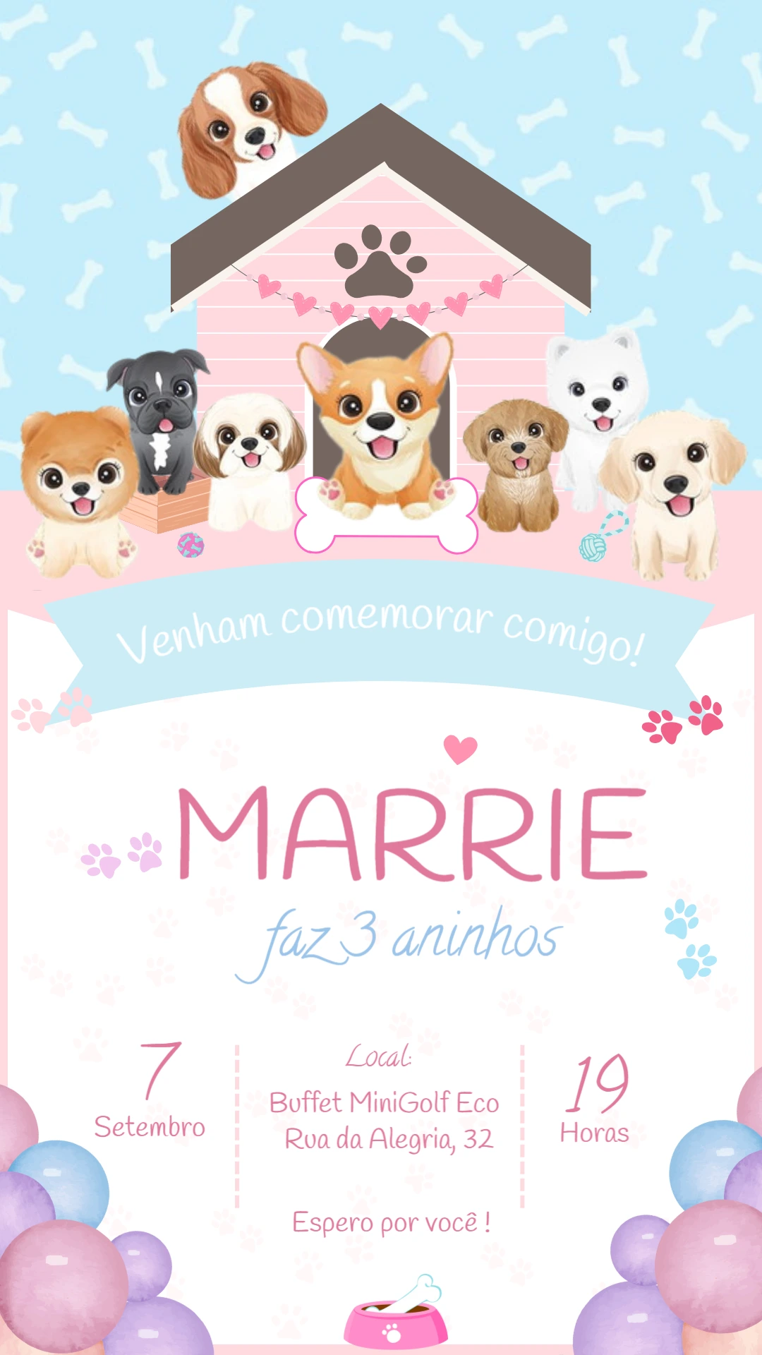 Convite de Aniversário Pet com Cachorrinhos para Editar Online
