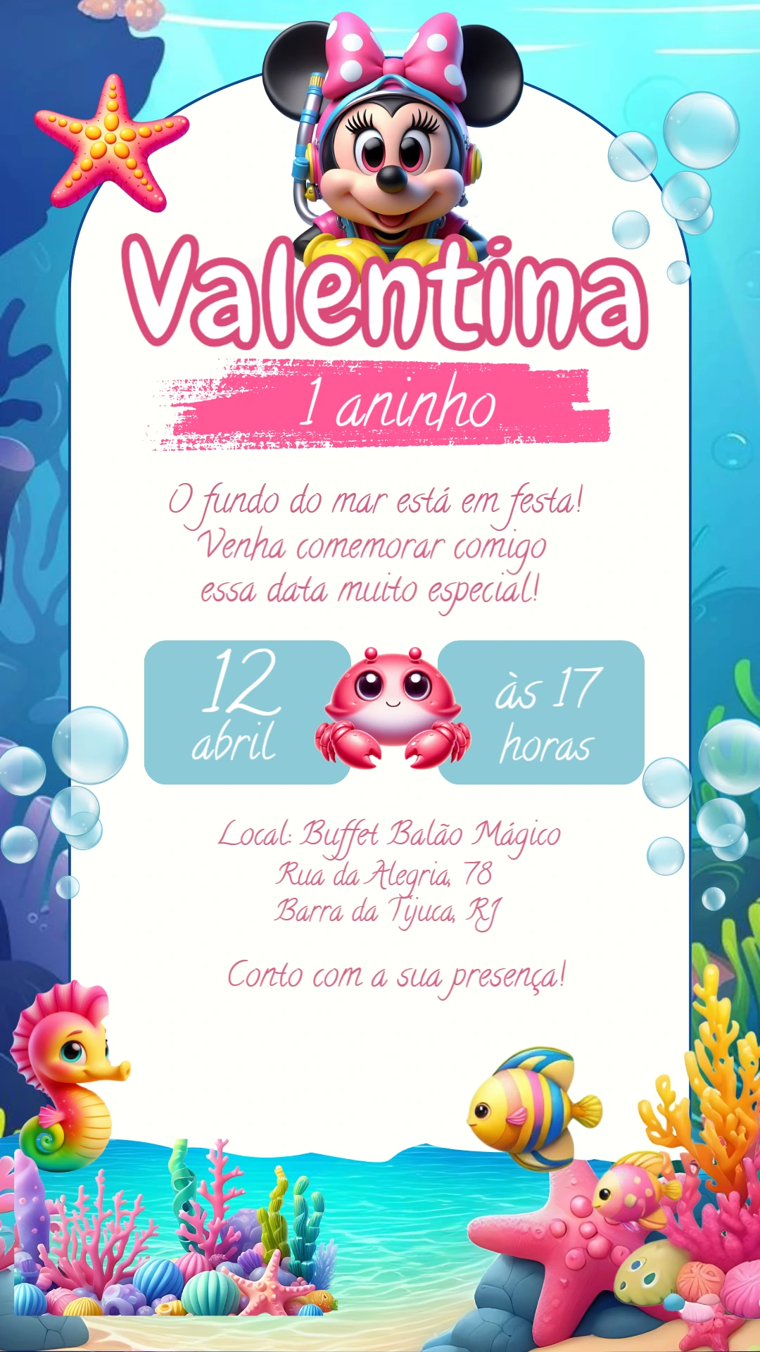 Convite Aniversário Minnie Fundo do Mar para Editar Online