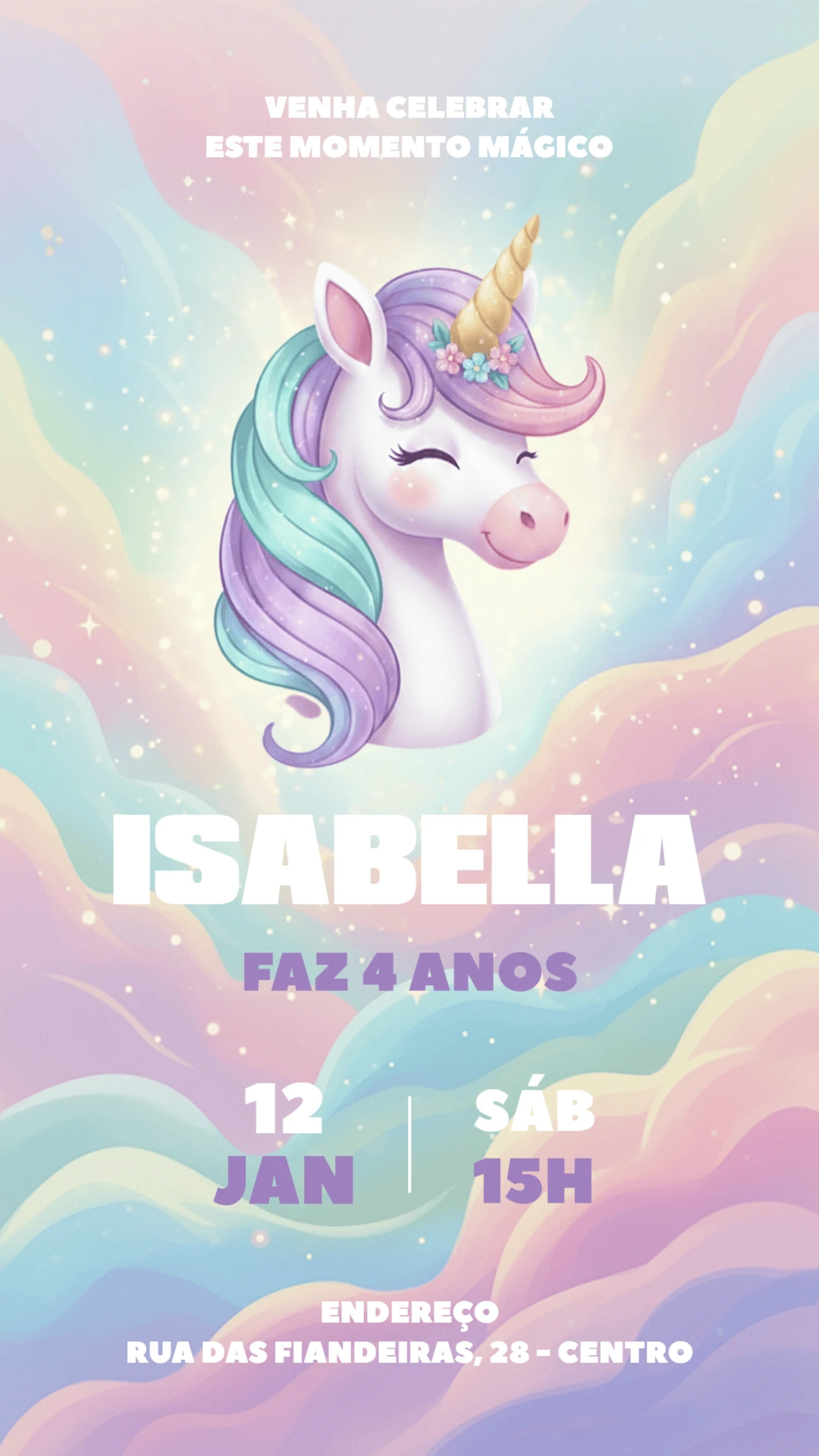 Convite de Aniversário Unicórnio Mágico para Editar Online