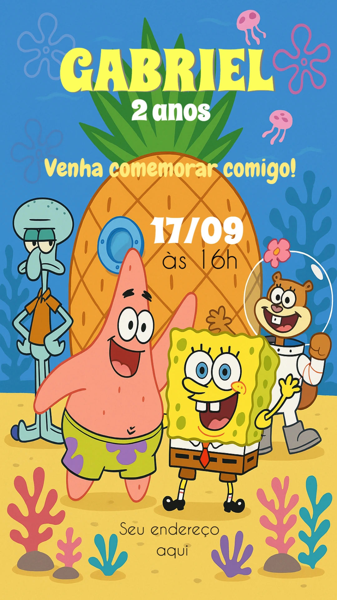 Convite Digital Aniversário Infantil Tema Bob Esponja Editável