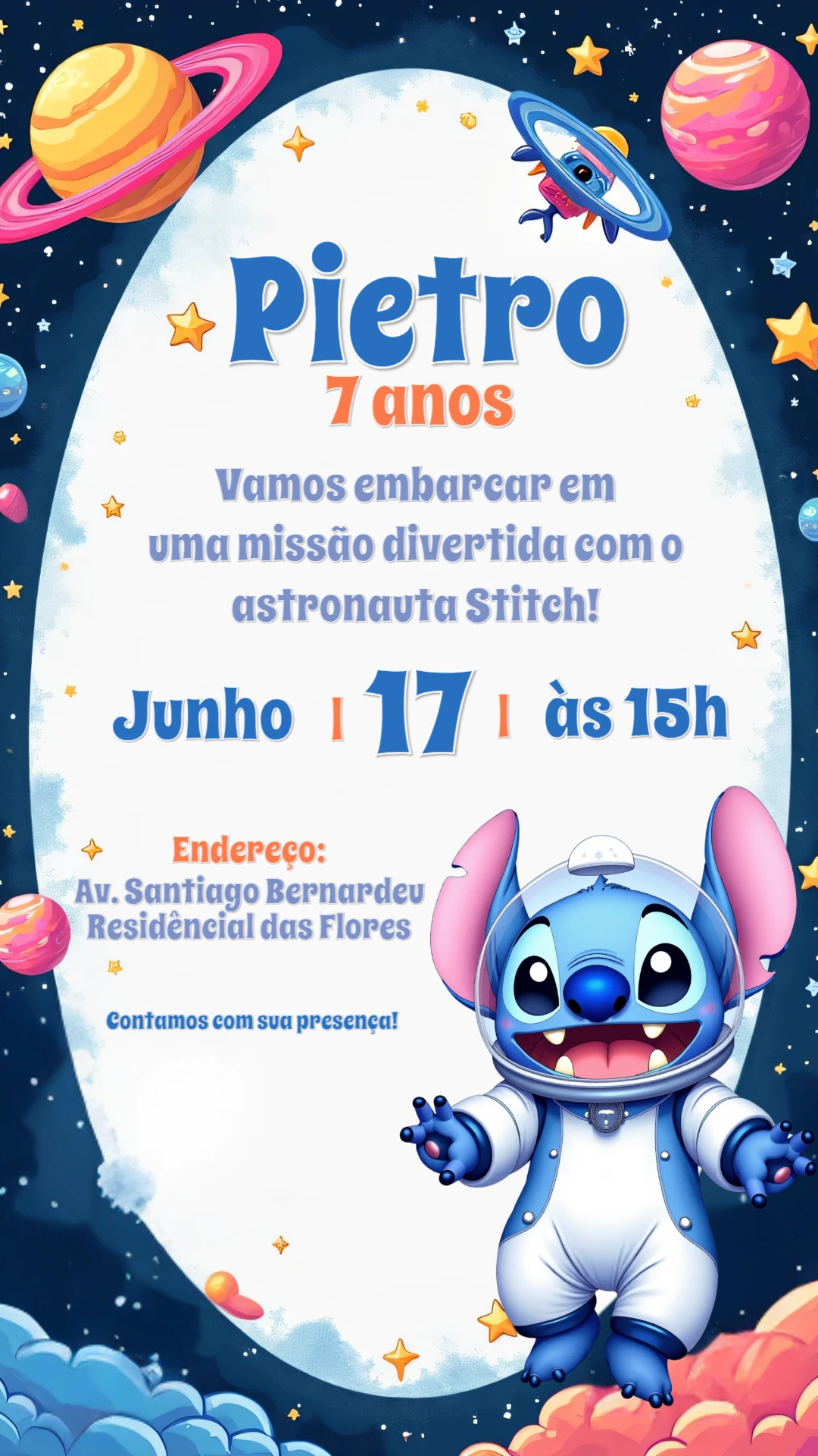 Convite Aniversário Stitch Astronauta para Editar Online