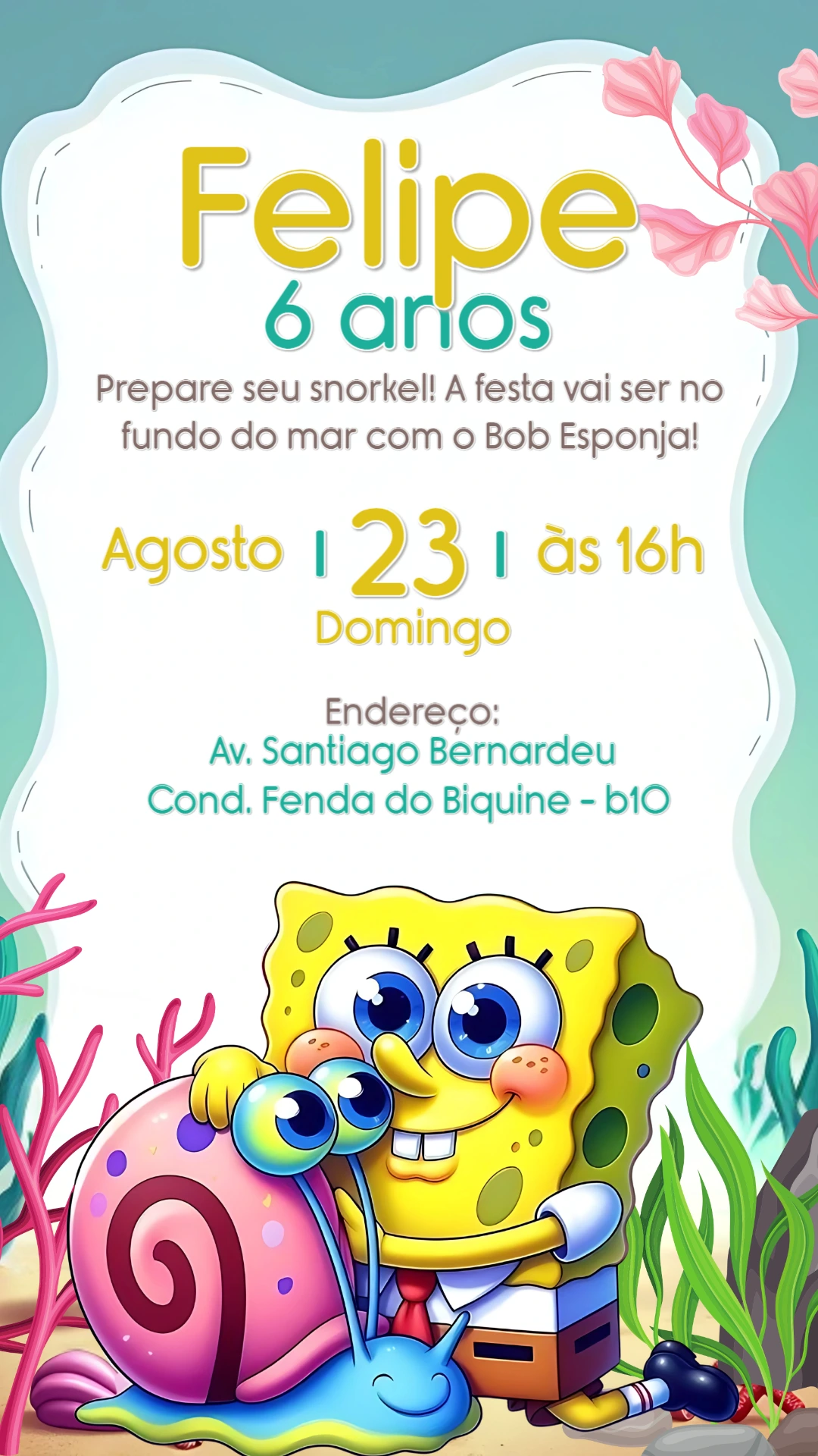 Convite Aniversário Bob Esponja e Gary para Editar Online