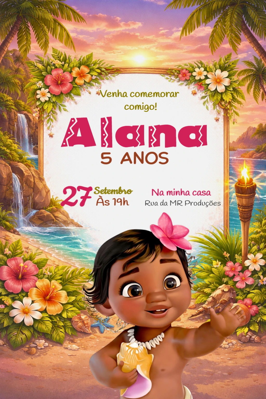 Convite de Aniversário Moana Baby Tropical para Editar