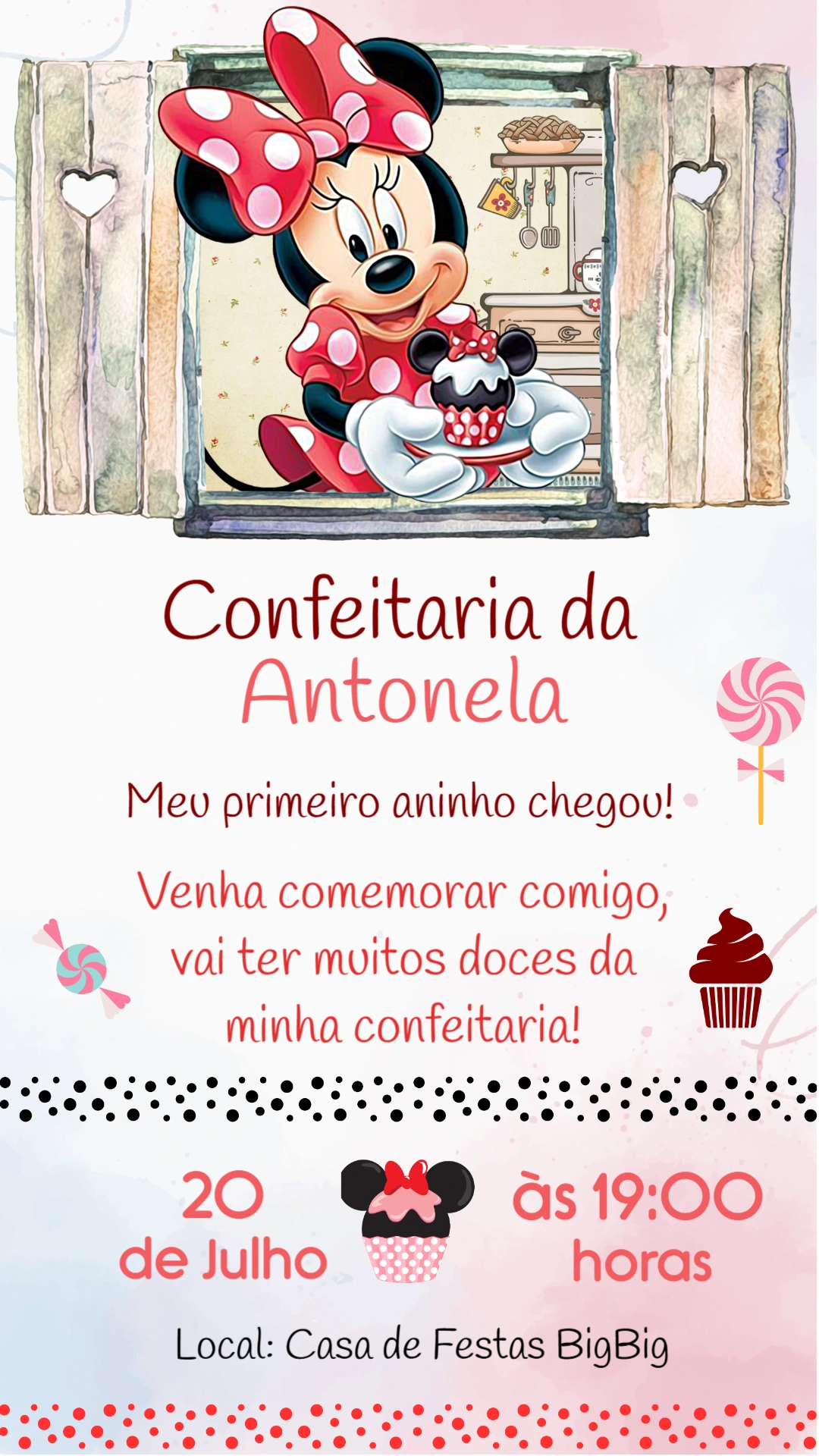 Convite Animado Aniversário Minnie Confeiteira para Editar