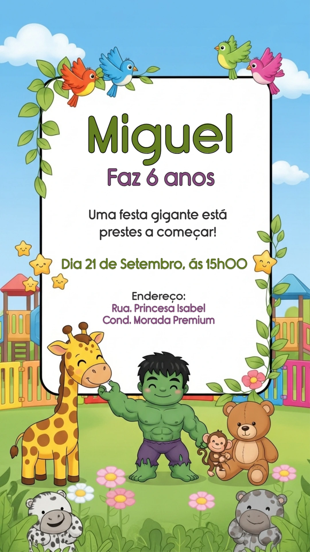 Convite Aniversário Hulk Baby e Animais para Editar Online