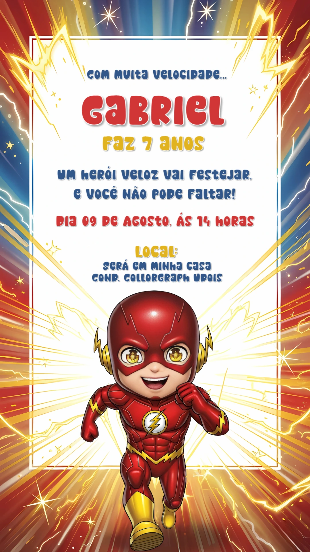 Convite de Aniversário Flash com Herói para Editar Online