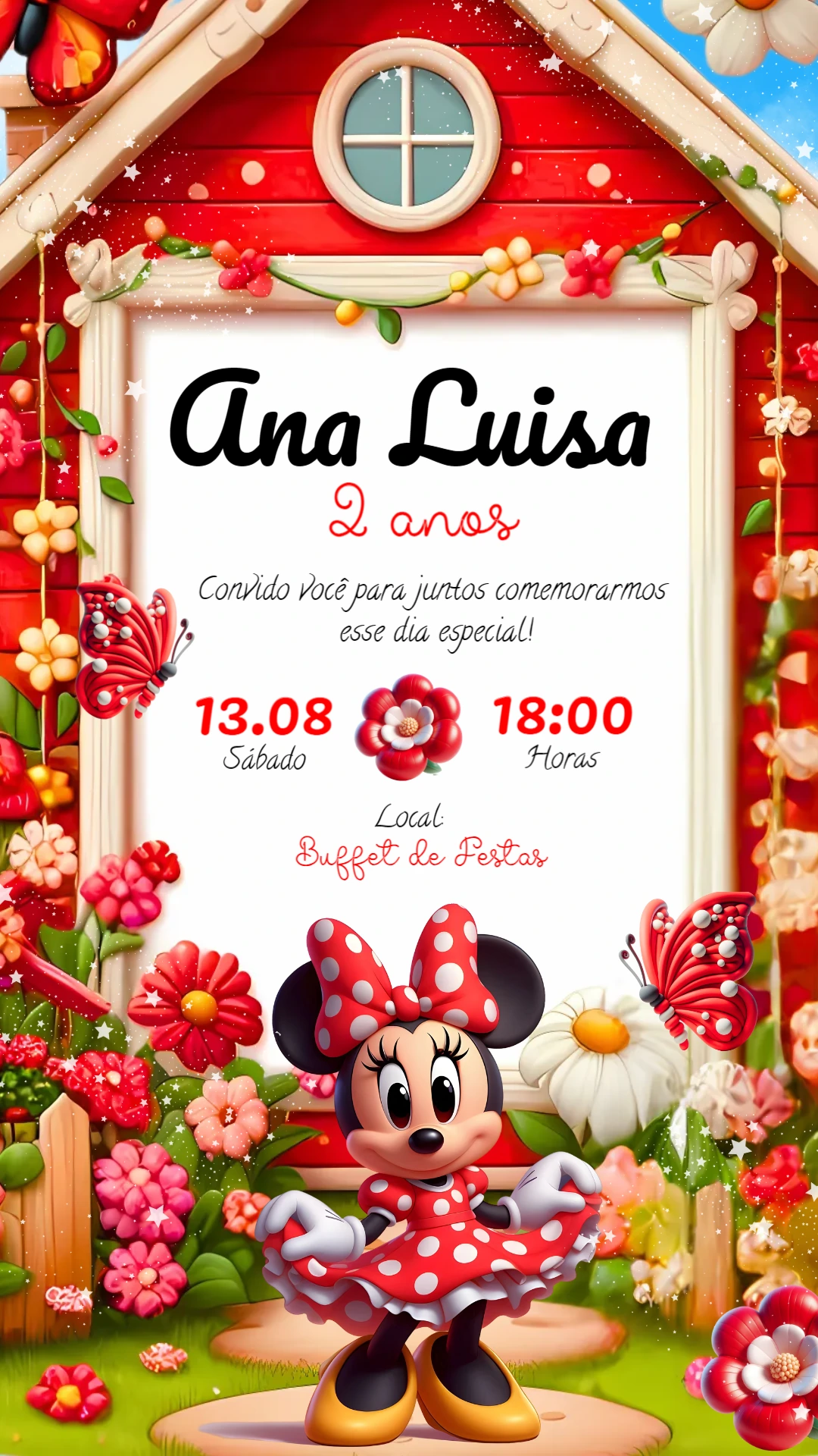 Convite de Aniversário Minnie Mouse Jardim para Editar Online