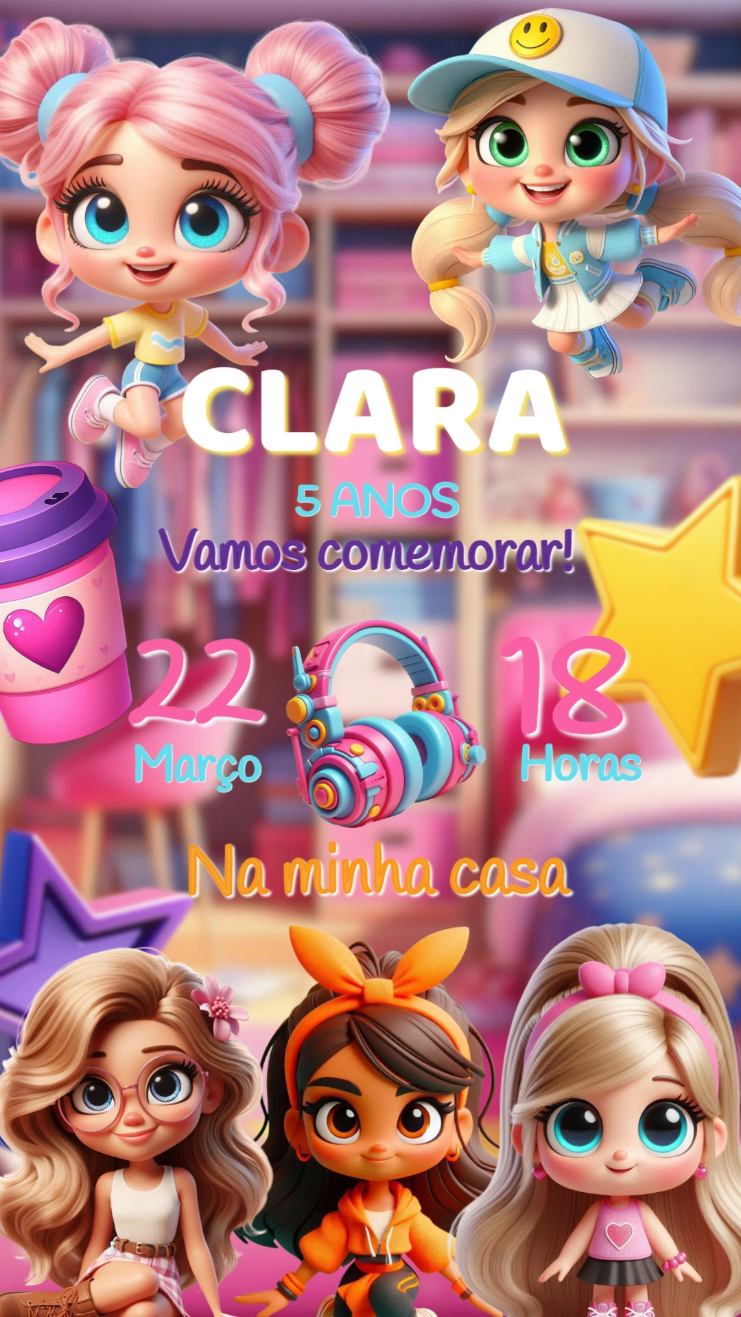 Convite de Aniversário Avatar World com Bonecas para Editar