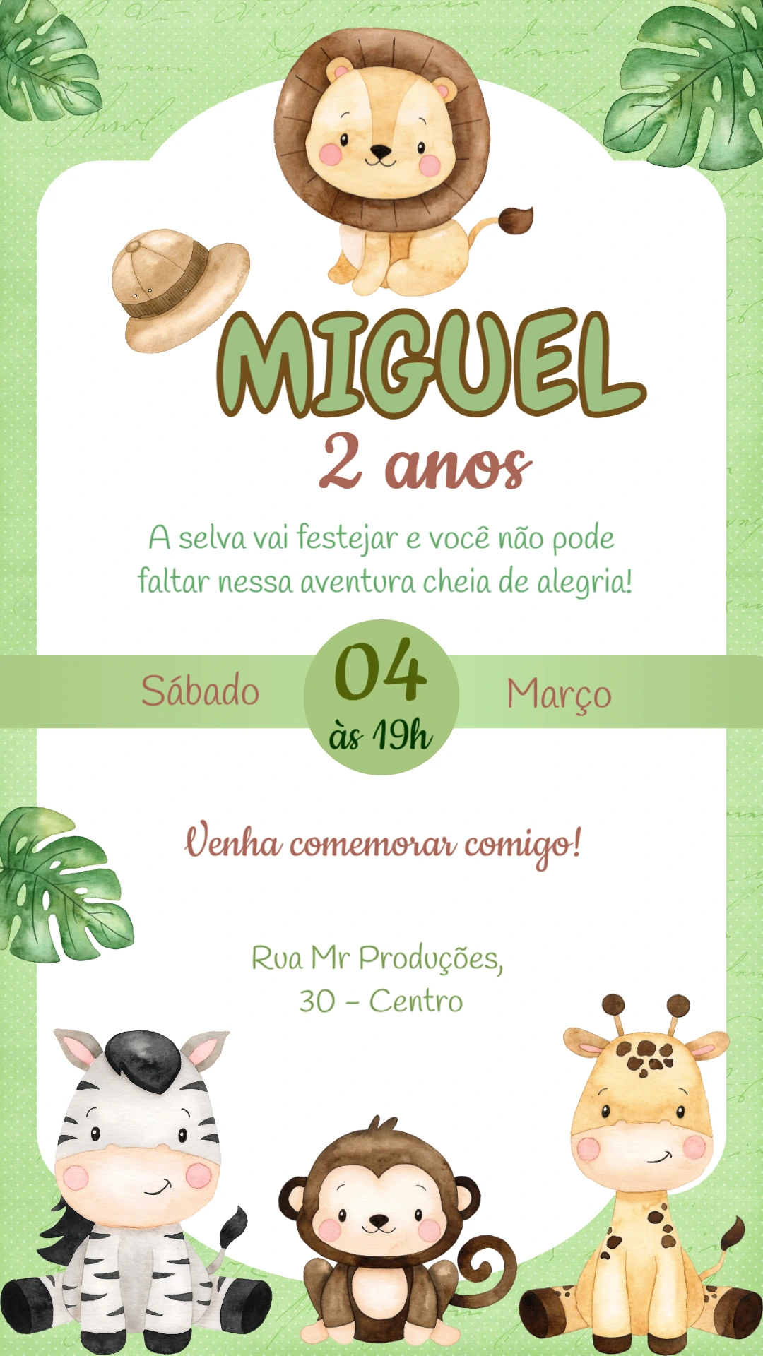 Convite Aniversário Safari com Animais Fofos para Editar Online