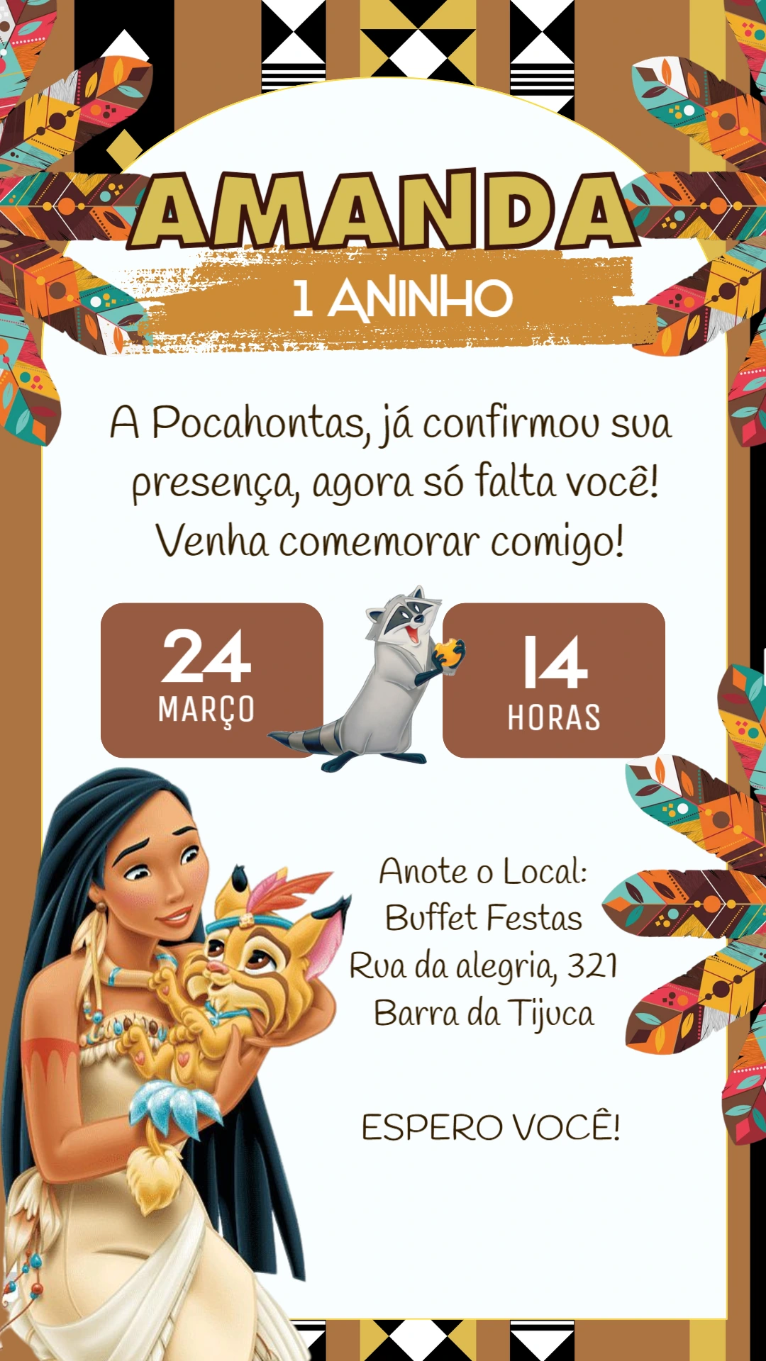 Convite de Aniversário Pocahontas Editável para Imprimir