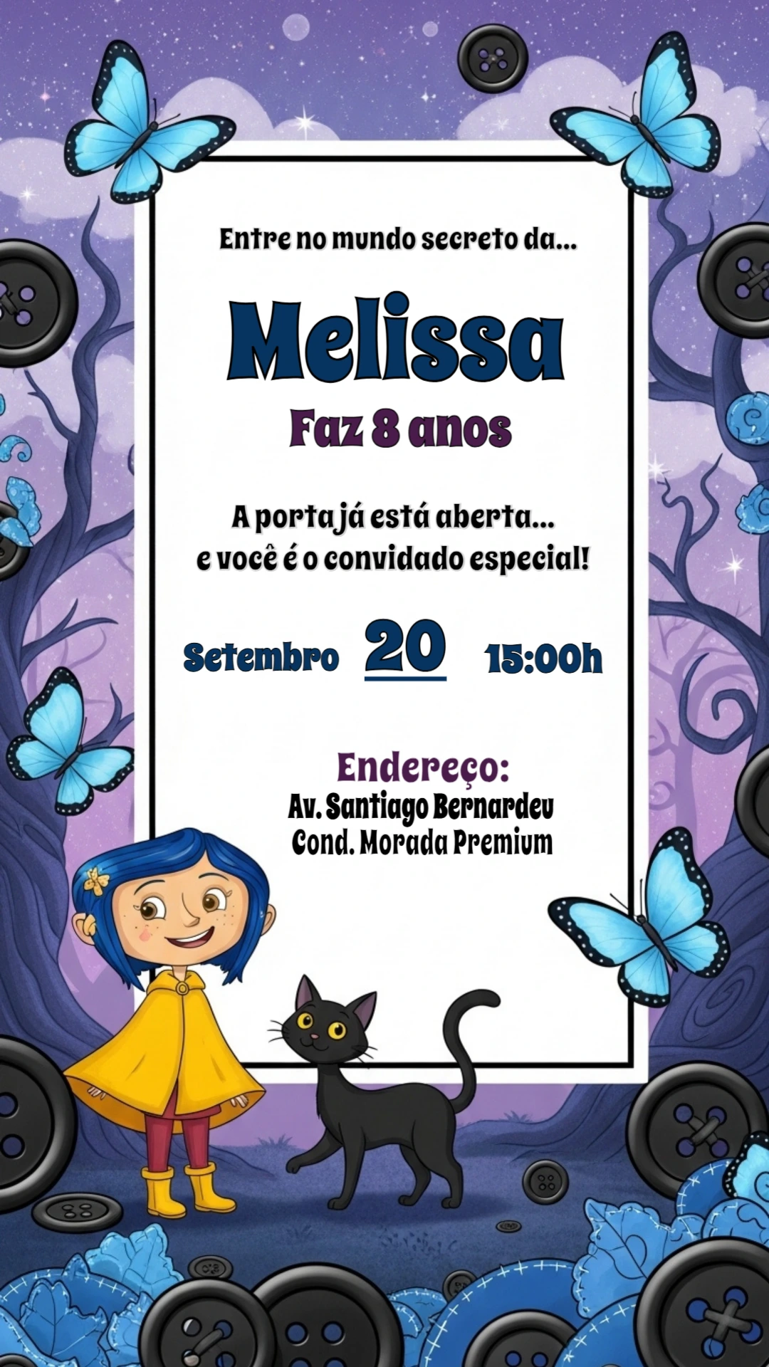 Convite de Aniversário Coraline para Editar e Imprimir