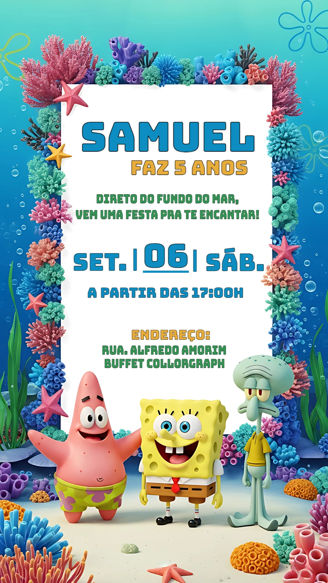 Convite de Aniversário Bob Esponja com Personagens para Editar