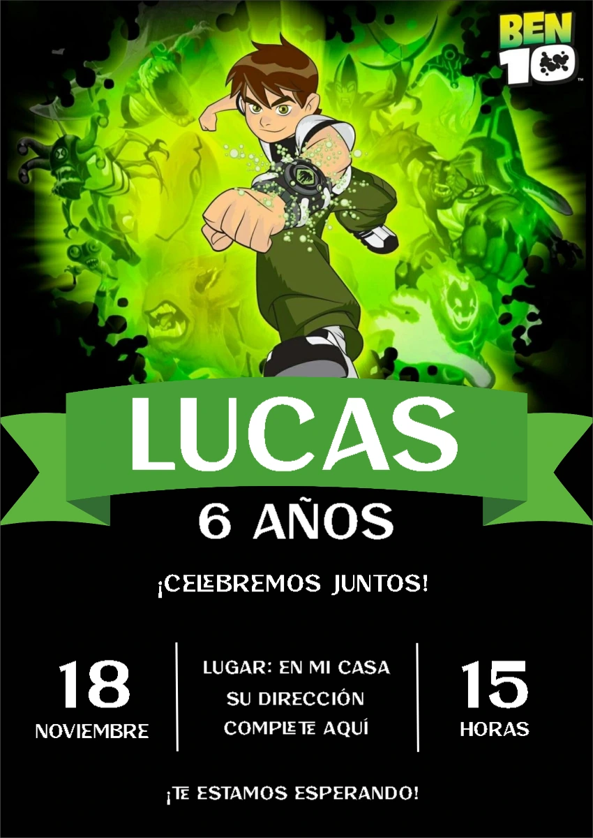 Invitación de Cumpleaños de Ben 10 para Editar Online