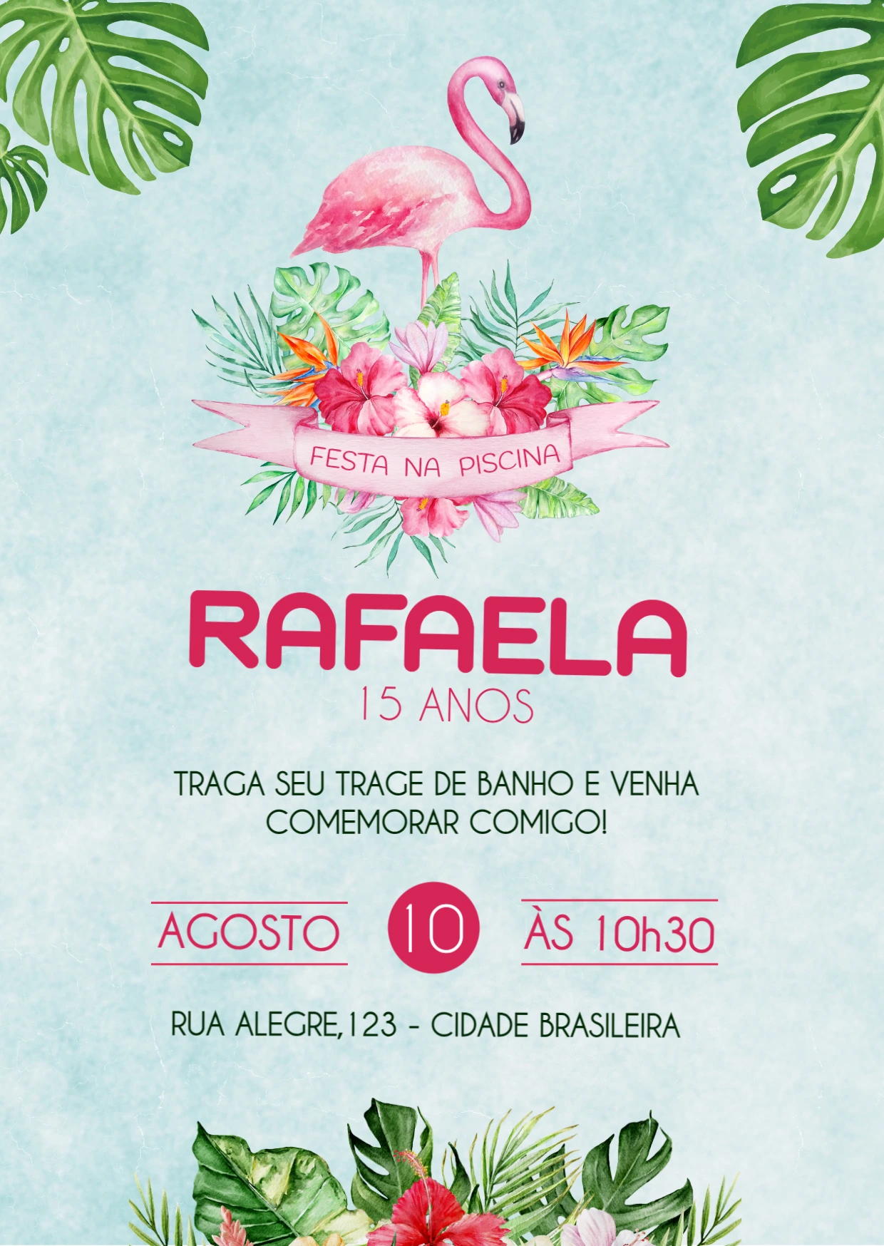 Convite Aniversário Pool Party Tropical com Flamingo para Editar
