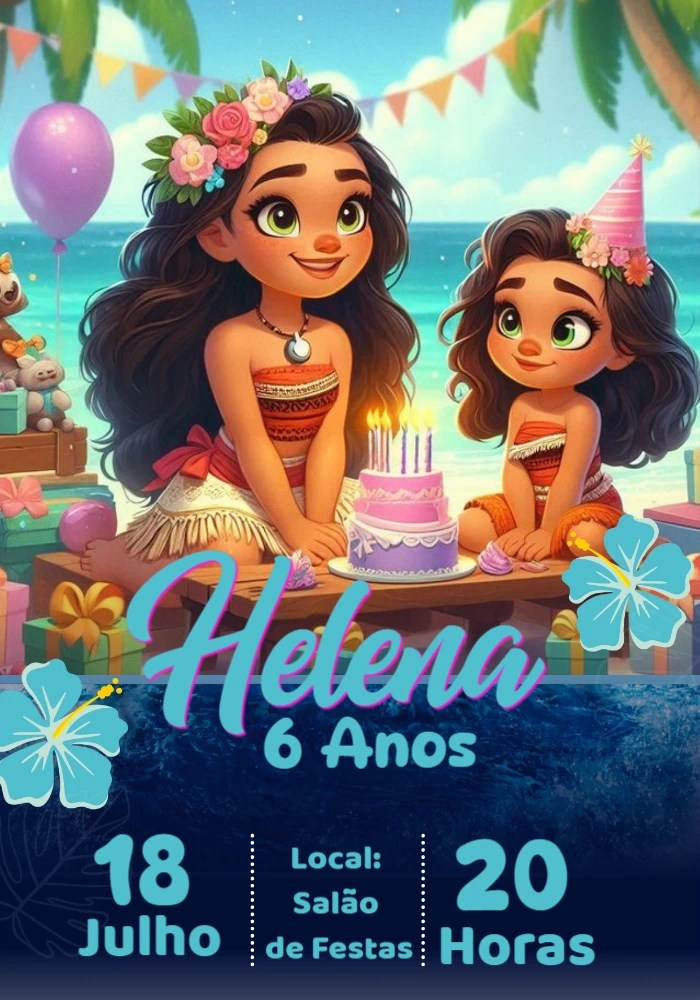 Convite de Aniversário Moana com Personagens para Editar Online