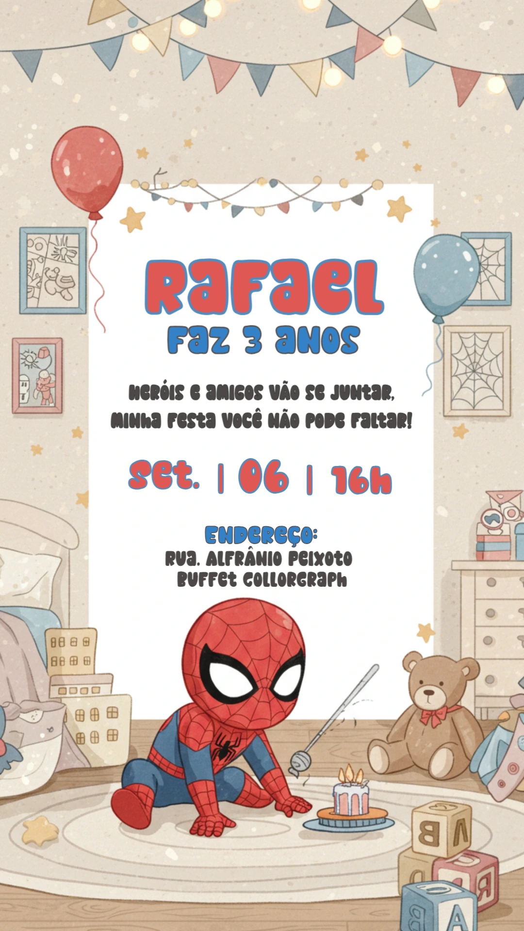 Convite Aniversário Homem Aranha Baby para Editar Online