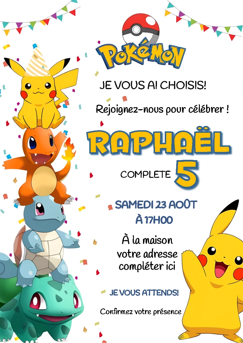 Invitation Anniversaire Pokémon avec Personnages à Éditer en Ligne