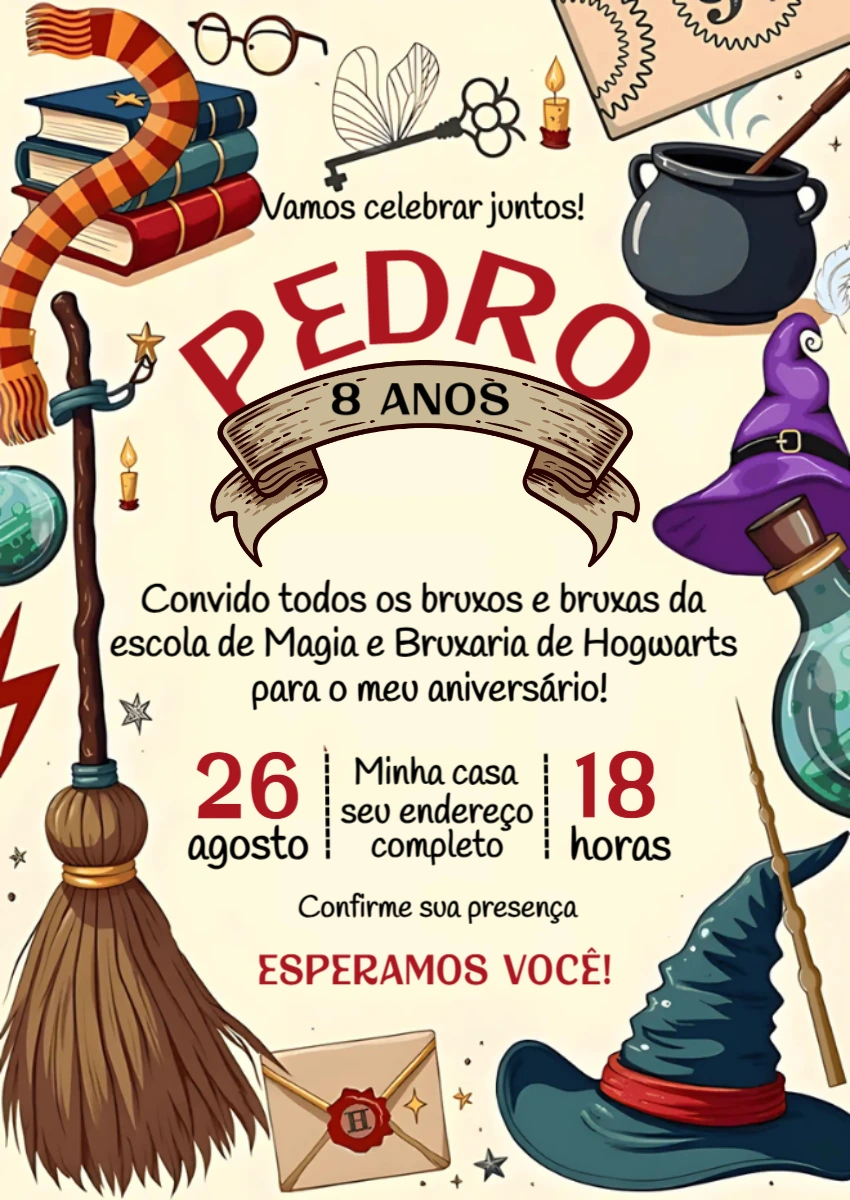 Convite Aniversário Harry Potter para Editar Online