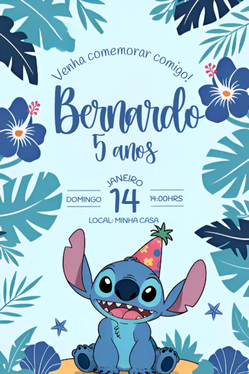 Convite Aniversário Stitch Tropical para Editar Online