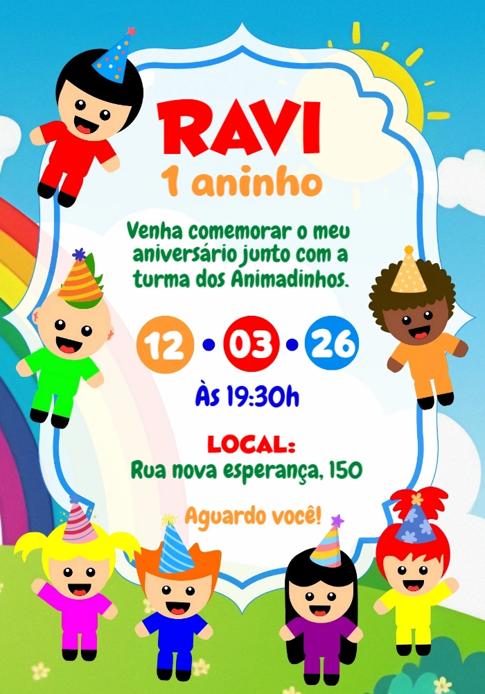 Convite de Aniversário Infantil Animadinhos Colorido para Editar