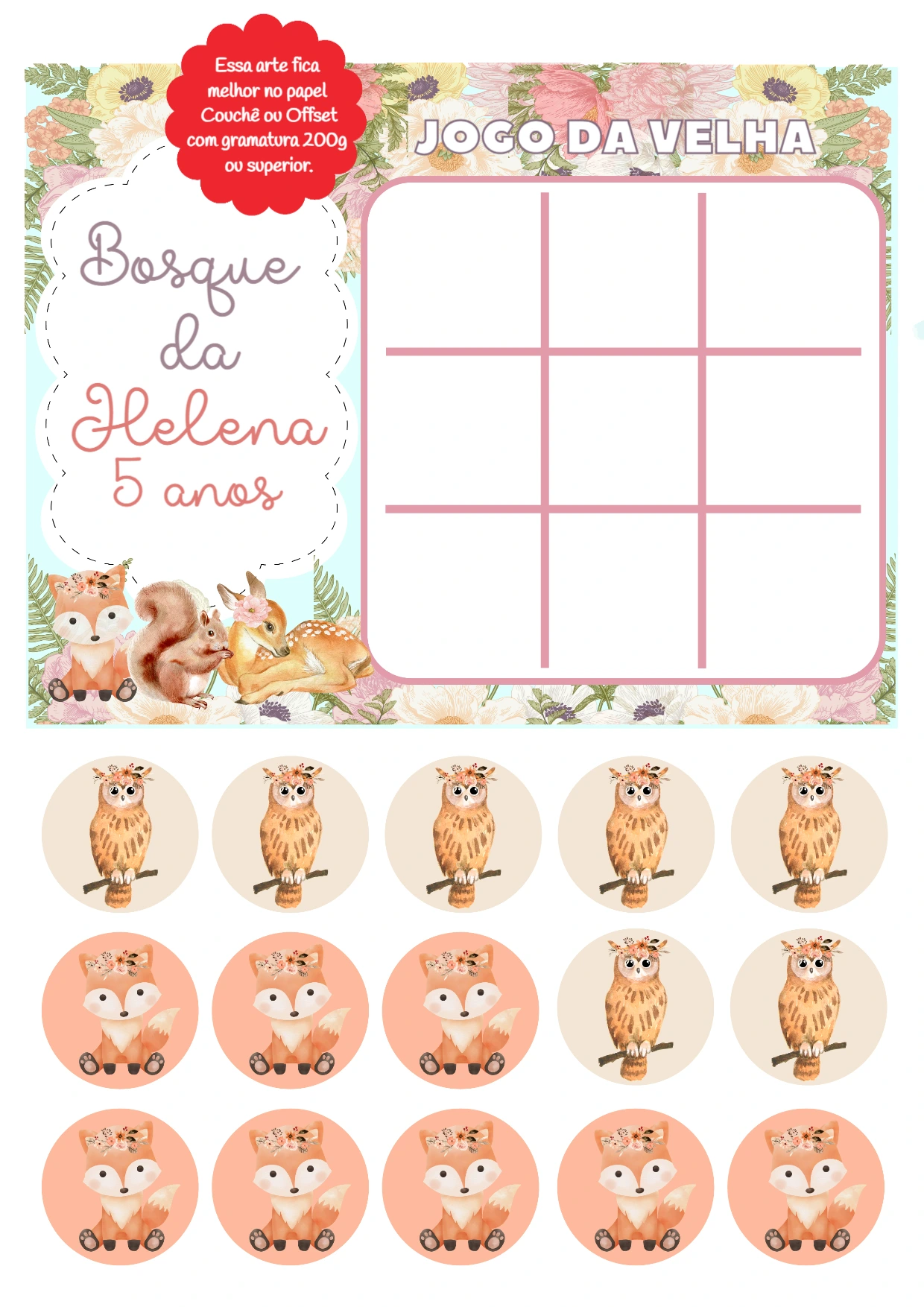Jogo da Velha Bosque Encantado para Aniversário para Editar