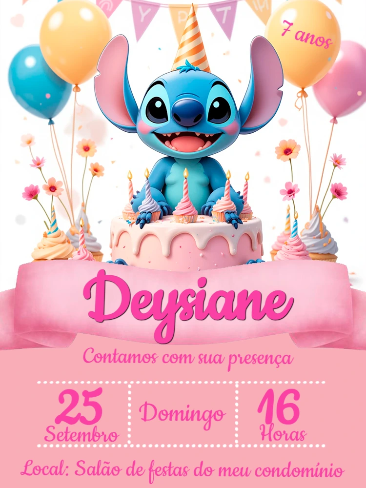 Convite Aniversário Stitch Fofo e Rosa para Editar Online