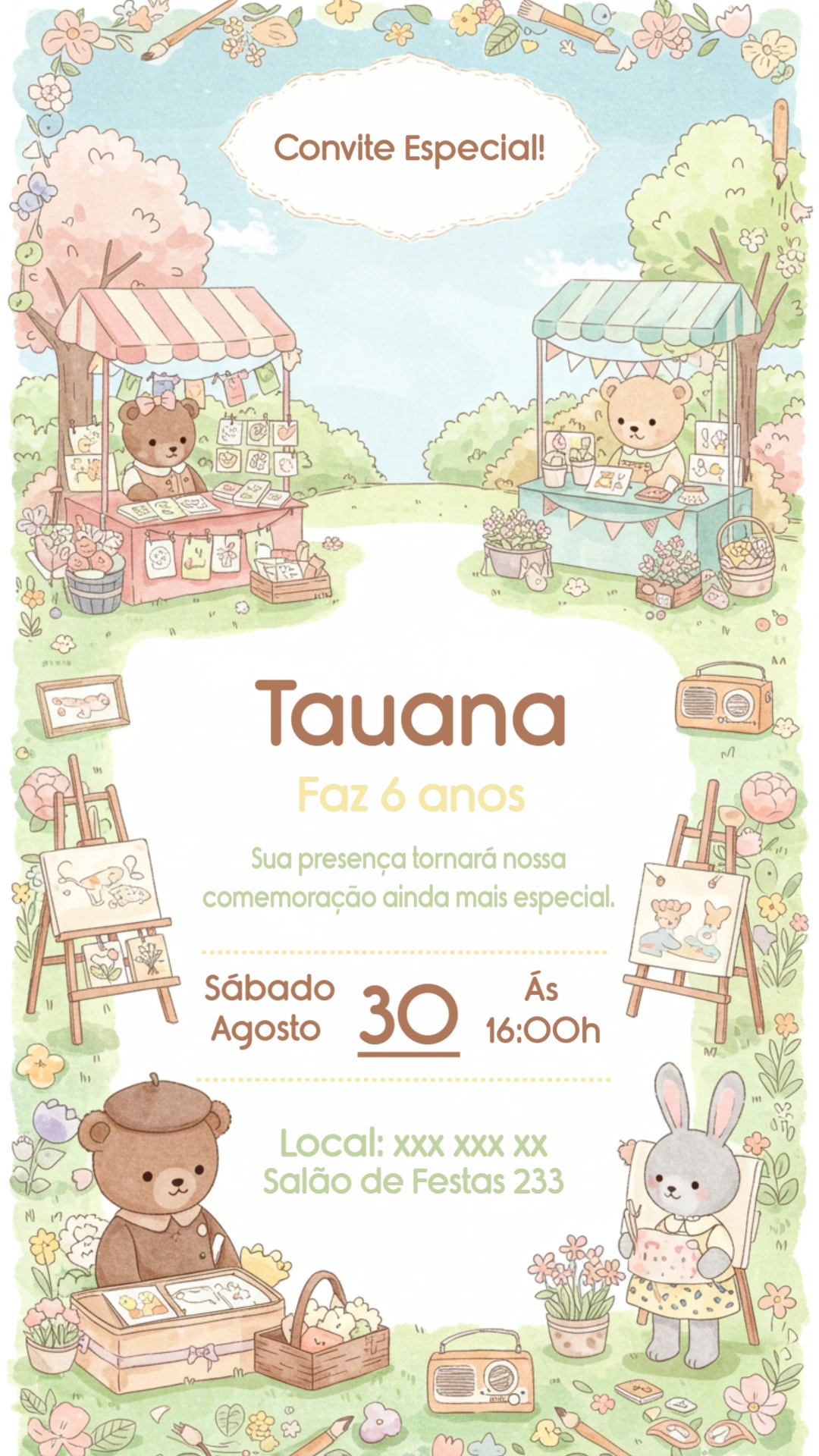 Convite de Aniversário Ursinhos Artistas para Editar Online