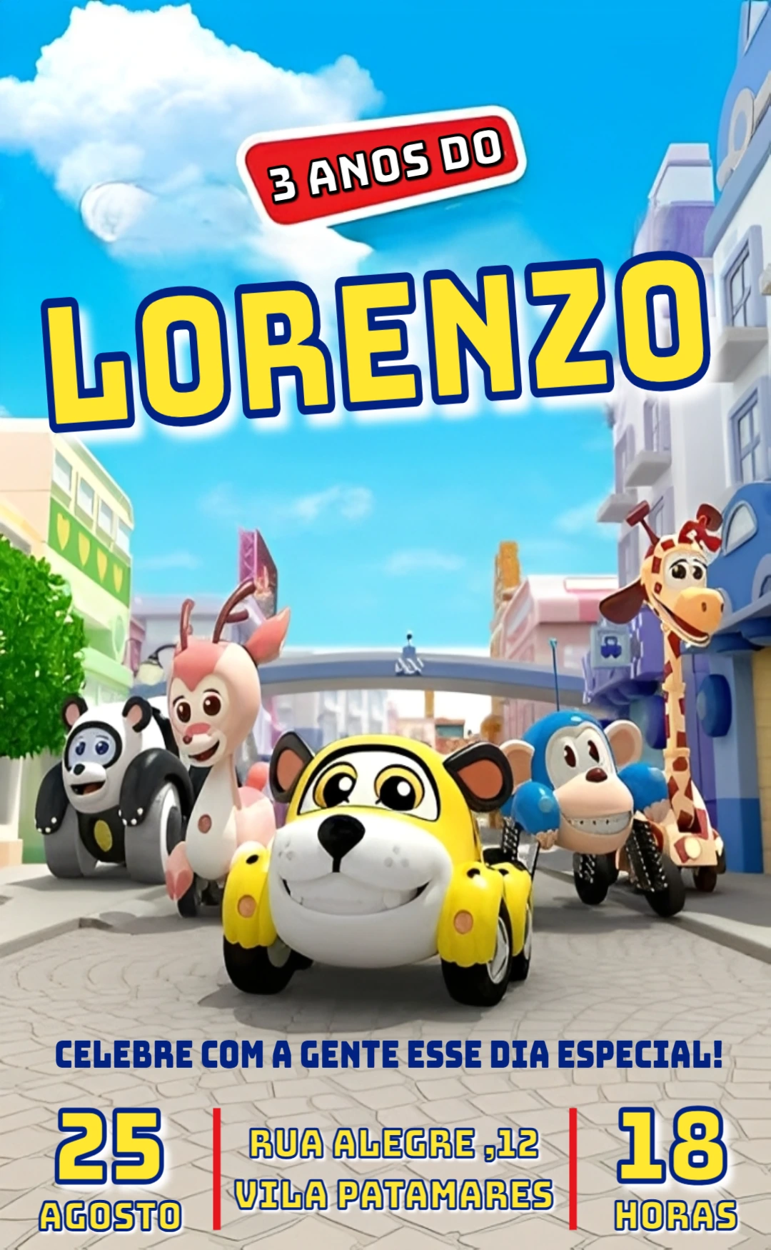 Convite de Aniversário Vroomiz com Carrinhos para Editar Online